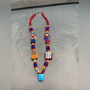 Vintage Handmade Multicolor School Themed Beaded Necklace 27in long Wood